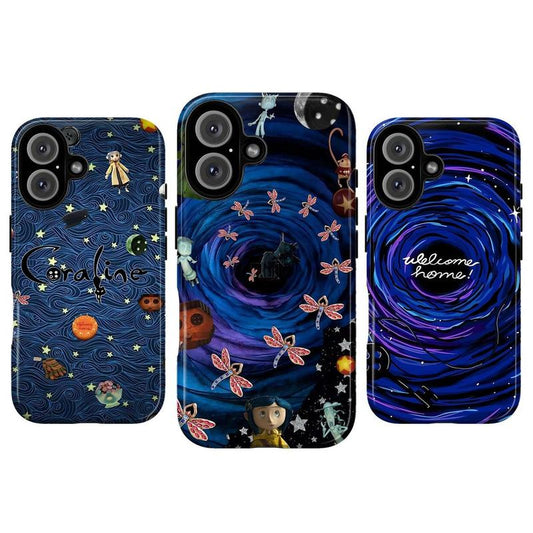 JIACC Whimsical Coraline Phone Case for Iphone Promax plus Air&Samsung Ultra,Creepy Cute Button Eye & Black Cat, Blue Night Sky, Spooky Galaxy, Creepy Cute Gift for Movie Fans Dark Fantasy Movie