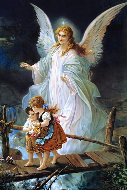 Lindberg Heilige Schutzengel Guardian Angel and Children Crossing Bridge German 1900S Religious Religion Inspirational Motivational Faith Cool Wall Art Print Poster 24X36