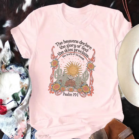 Psalm 19:1 Jesus Faith T-Shirts Women Vintage Boho Bible Verse Tshirt Christian Inspirational Tee Shirt Female Religious Tops