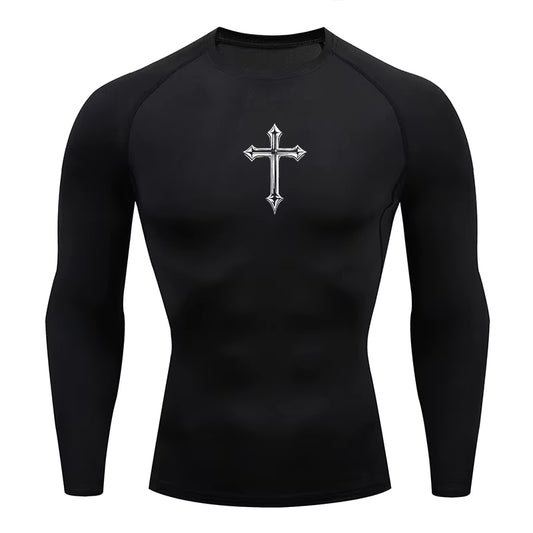 Cross Print Compression Shirt for Men Christian Athletic Tshirt Tees Tops Gym Workout Running Baselayers Undershirts Rash Guard
